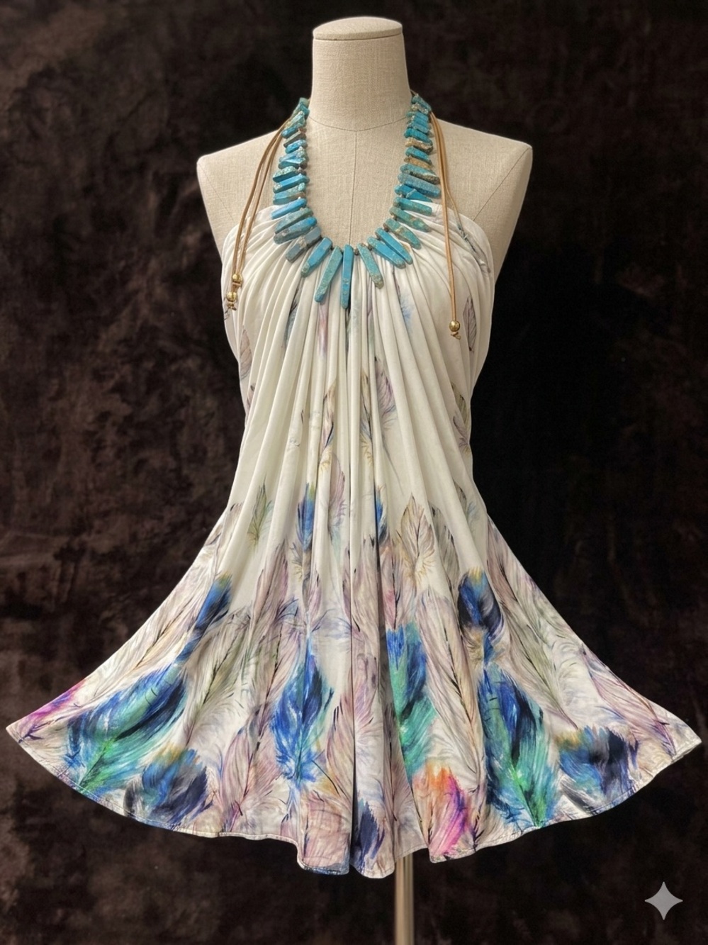 Sky Black Label Cream Top Halter Style Feather Print Size Med
